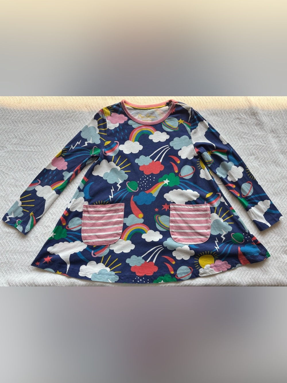 Mini Boden Kids Rainbow Cloud Planets Tunic Dress Pink Stripe Pockets Sz 5-6Y